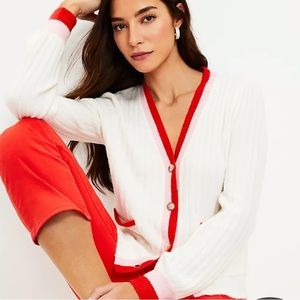 Loft Tipped Puff Sleeve V-Neck Cardigan